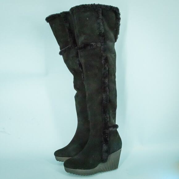 DVF Diane Von Furstenberg Size 9.5 Black Suede Leather Over Knee Shearling Boots - Picture 1 of 9